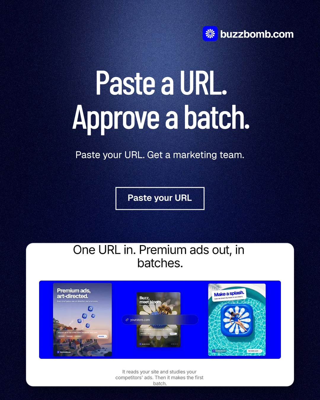 Instagram portrait post for BuzzBomb: "Paste a URL. Approve a batch." Dark deco style, centred layout, dark palette in black, blue, white.
