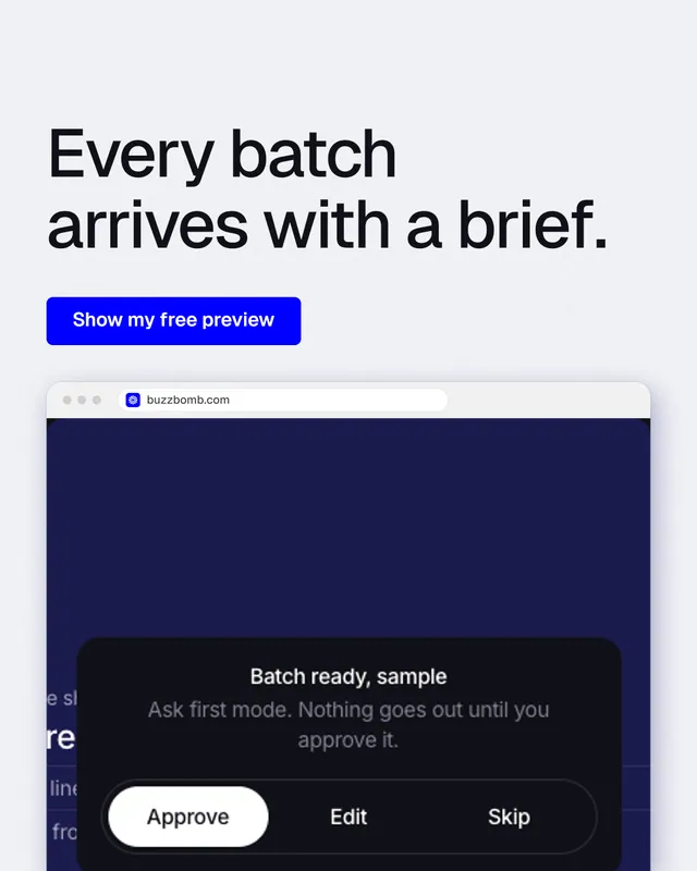 Instagram portrait post for BuzzBomb: "Every batch arrives with a brief." Data card style, browser layout, light palette in blue, white.