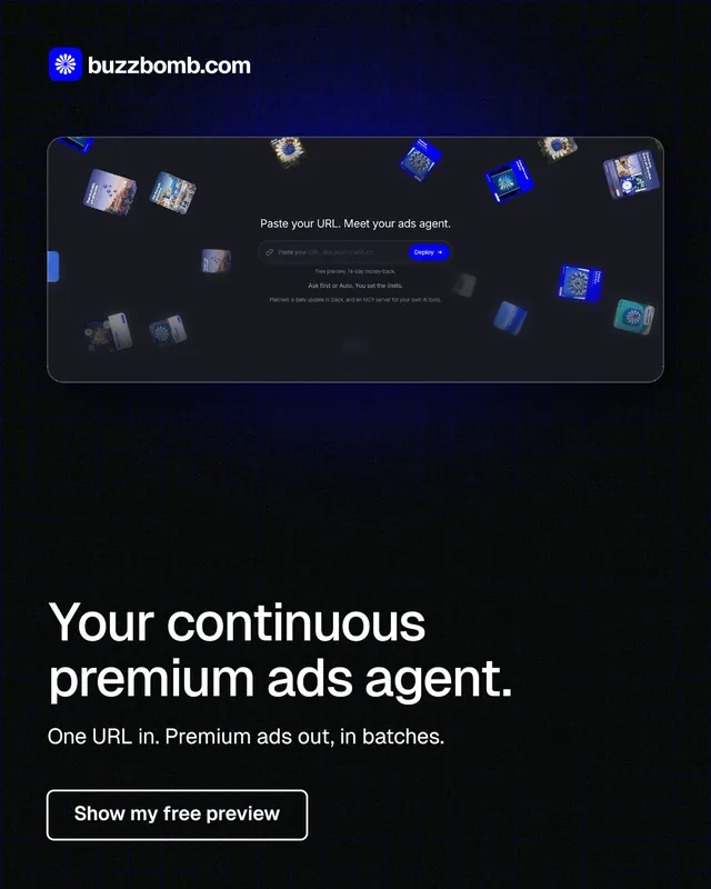 Instagram portrait post for BuzzBomb: "Your continuous premium ads agent." Phosphor atlas style, bottom layout, dark palette in black, grey.