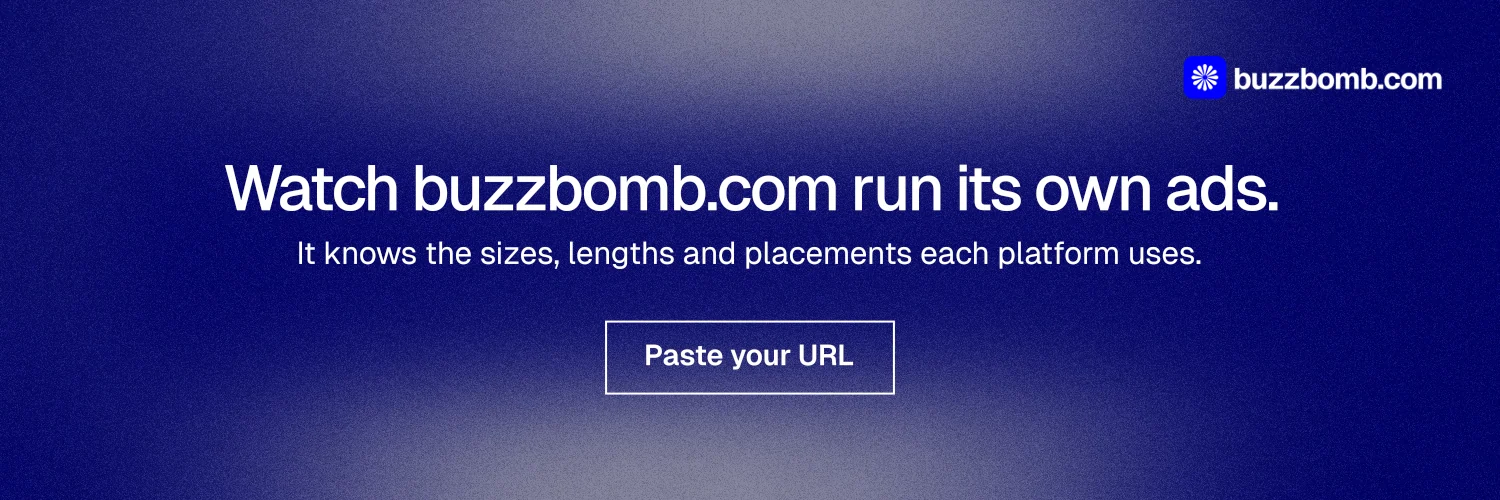 X header for BuzzBomb: "Watch buzzbomb.com run its own ads." Cyanotype style, centred layout, dark palette in blue.