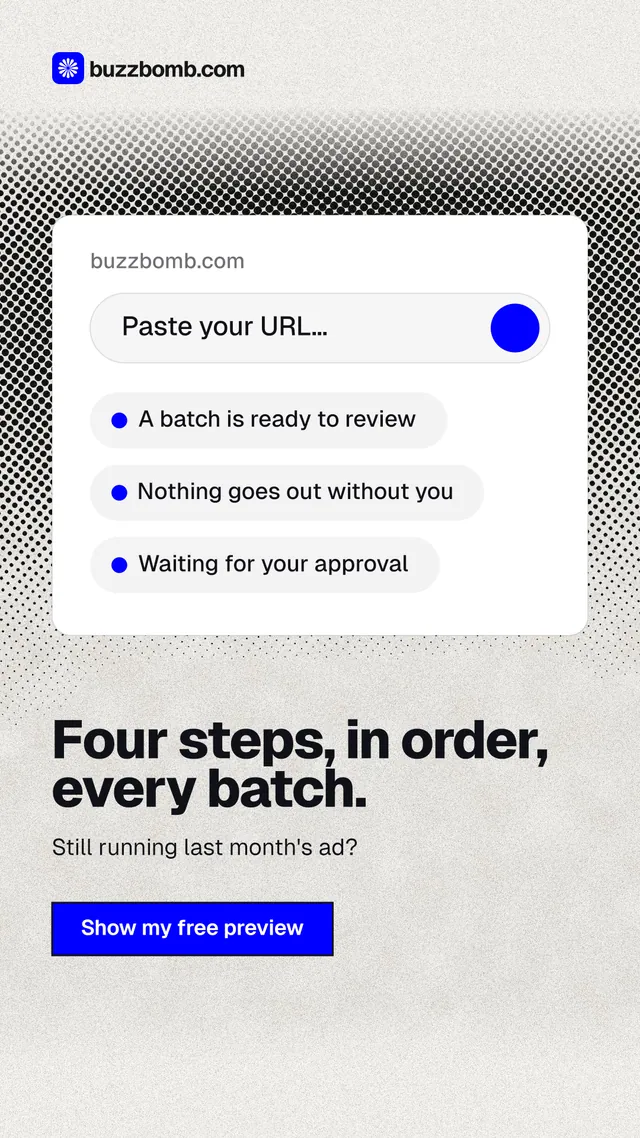 Instagram story for BuzzBomb: "Four steps, in order, every batch." Ink sticker style, bottom layout, light palette in white, grey.