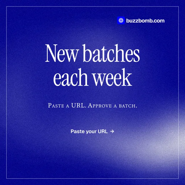 Instagram post for BuzzBomb: "New batches each week". Editorial style, smallcaps layout, dark palette in blue.