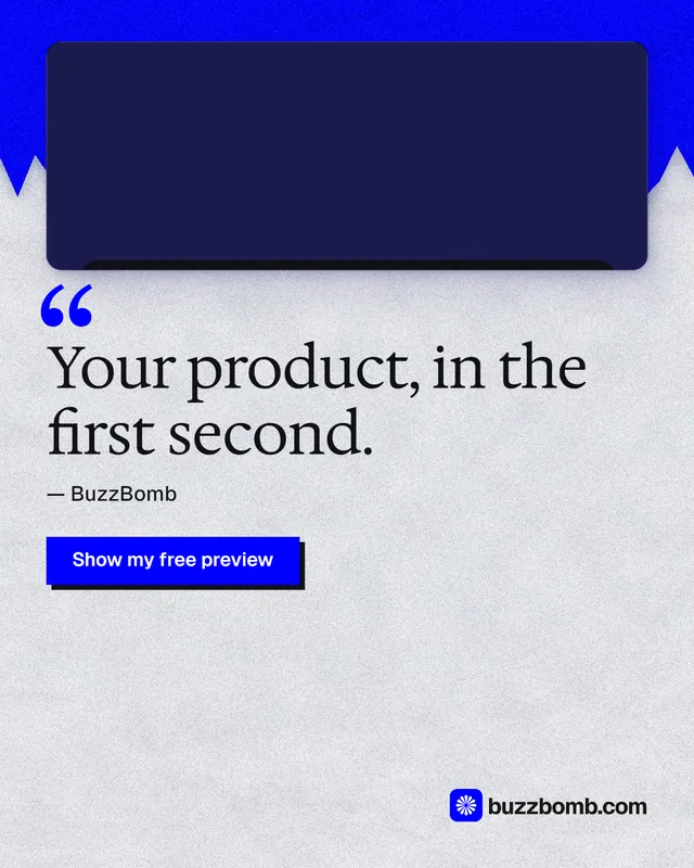 Instagram portrait post for BuzzBomb: "Your product, in the first second." Paper trio style, quote layout, light palette in white, blue, grey.