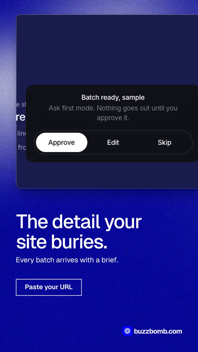 Instagram story for BuzzBomb: "The detail your site buries." Cyanotype style, bottom layout, dark palette in blue.