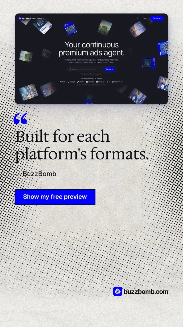 Instagram story for BuzzBomb: "Built for each platform's formats." Ink sticker style, quote layout, light palette in white, blue, grey.