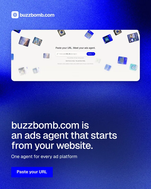 Instagram portrait post for BuzzBomb: "buzzbomb.com is an ads agent that starts from your website." Swiss style, bottom layout, dark palette in blue.