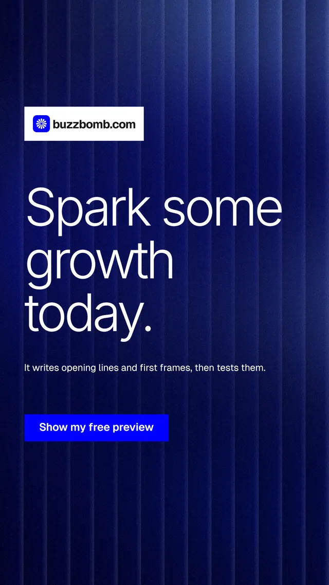 Instagram story for BuzzBomb: "Spark some growth today." Swiss style, announce layout, dark palette in blue.
