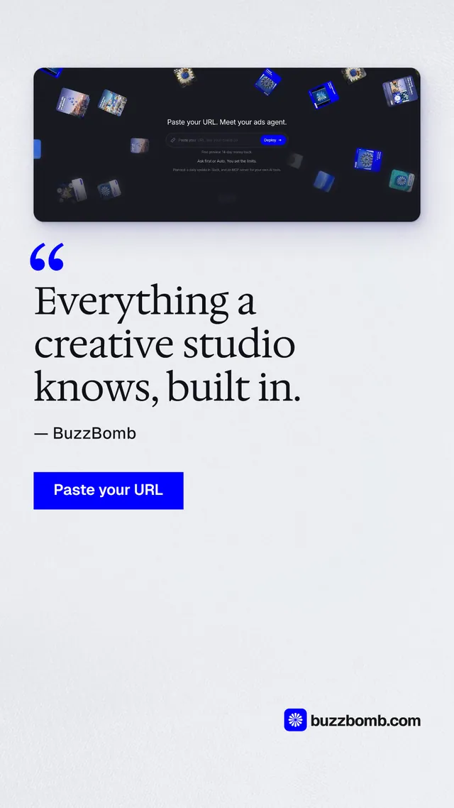 Instagram story for BuzzBomb: "Everything a creative studio knows, built in." Swiss style, quote layout, light palette in white, grey.