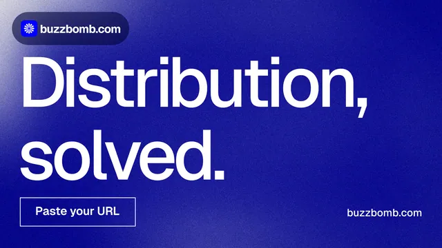 Landscape graphic for BuzzBomb: "Distribution, solved." Cyanotype style, poster layout, dark palette in blue.