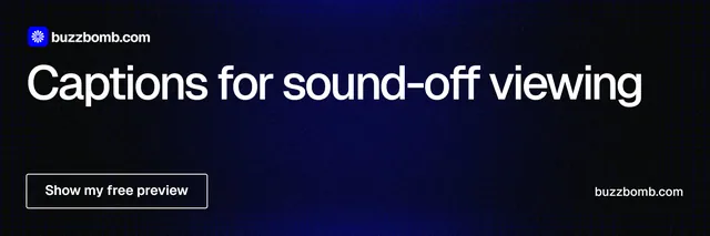 X header for BuzzBomb: "Captions for sound-off viewing". Phosphor atlas style, poster layout, dark palette in black, blue, grey.