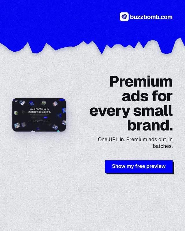 Instagram portrait post for BuzzBomb: "Premium ads for every small brand." Paper trio style, right layout, light palette in white, blue, grey.