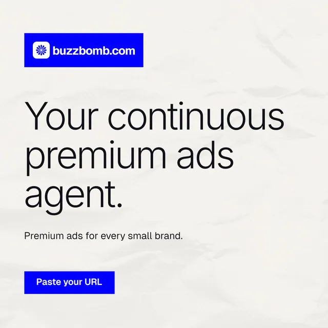 Instagram post for BuzzBomb: "Your continuous premium ads agent." Swiss style, announce layout, light palette in white, blue.