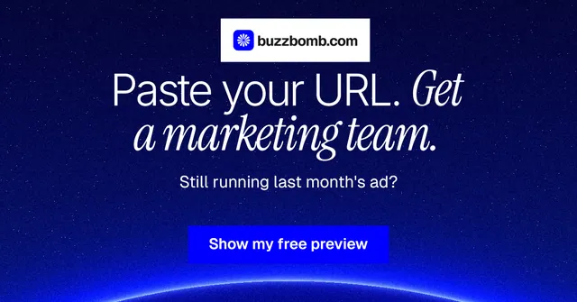 Social ad for BuzzBomb: "Paste your URL. Get a marketing team." Swiss style, centred layout, dark palette in blue.