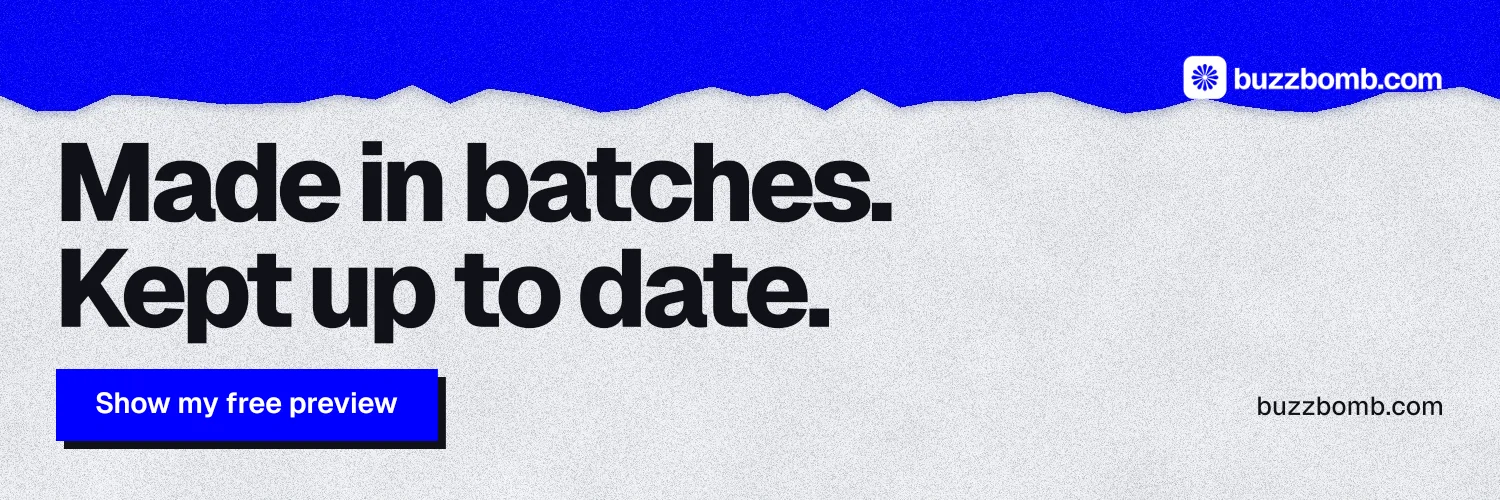 X header for BuzzBomb: "Made in batches. Kept up to date." Paper trio style, poster layout, light palette in blue, white, grey.