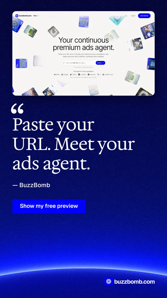 Instagram story for BuzzBomb: "Paste your URL. Meet your ads agent." Swiss style, quote layout, dark palette in blue, white, grey.