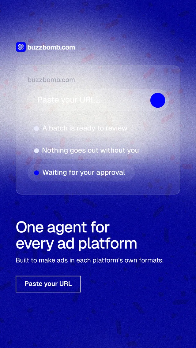 Instagram story for BuzzBomb: "One agent for every ad platform". Cyanotype style, bottom layout, dark palette in blue.