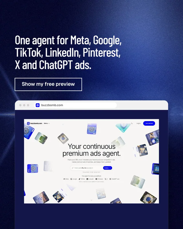 Instagram portrait post for BuzzBomb: "One agent for Meta, Google, TikTok, LinkedIn, Pinterest, X and ChatGPT ads." Dark deco style, browser layout, dark palette in white, blue.
