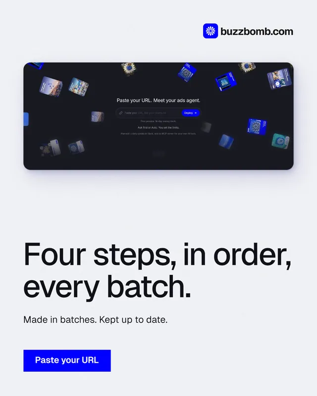 Instagram portrait post for BuzzBomb: "Four steps, in order, every batch." Swiss style, bottom layout, light palette in white, blue, grey.