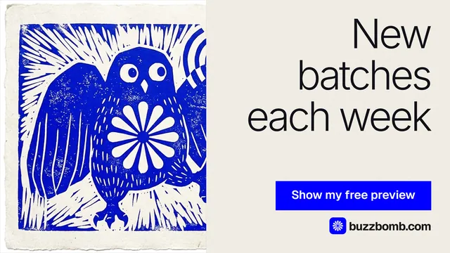 Landscape graphic for BuzzBomb: "New batches each week". Swiss style, right layout, light palette in yellow, blue, grey.