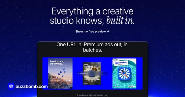 Social ad for BuzzBomb: "Everything a creative studio knows, built in." Swiss style, ogui layout, dark palette in blue.