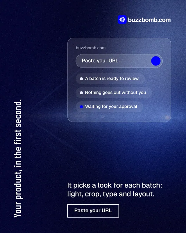 Instagram portrait post for BuzzBomb: "Your product, in the first second." Dark deco style, vertical layout, dark palette in black, blue.