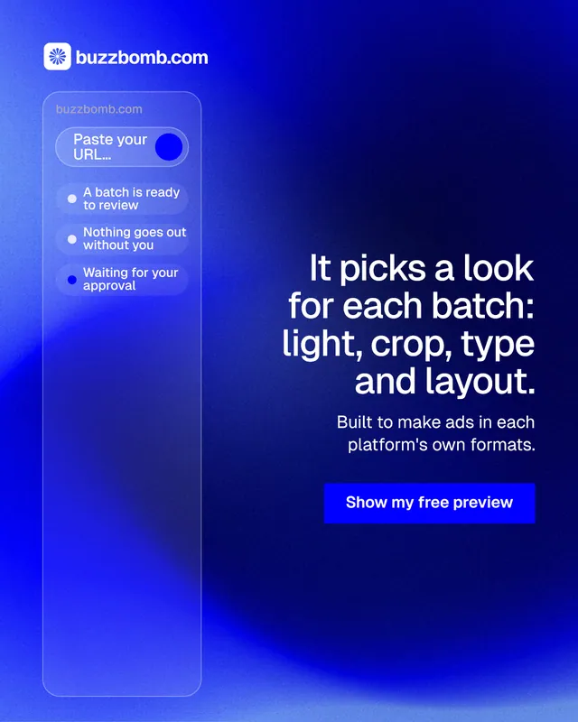 Instagram portrait post for BuzzBomb: "It picks a look for each batch: light, crop, type and layout." Swiss style, right layout, dark palette in blue.