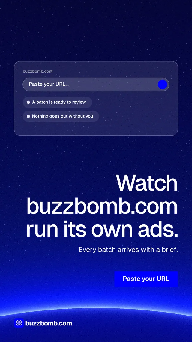 Instagram story for BuzzBomb: "Watch buzzbomb.com run its own ads." Swiss style, right layout, dark palette in blue.