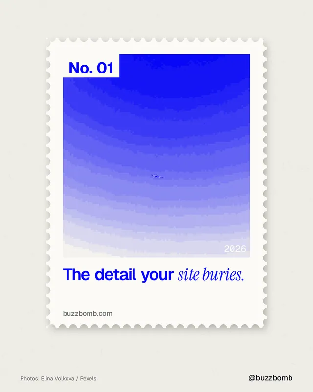 Instagram portrait post for BuzzBomb: "The detail your site buries." Single style, technique:stamp series layout, light palette in yellow, blue, white.