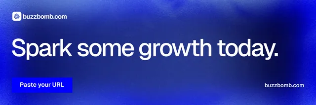 X header for BuzzBomb: "Spark some growth today." Swiss style, poster layout, dark palette in blue.