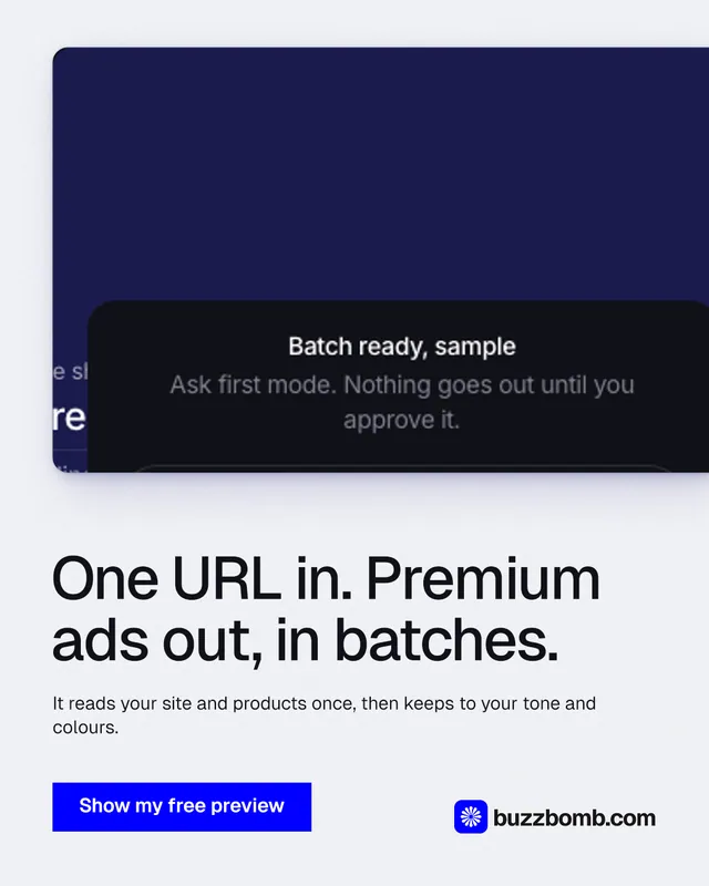 Instagram portrait post for BuzzBomb: "One URL in. Premium ads out, in batches." Swiss style, bottom layout, light palette in white, blue, grey.