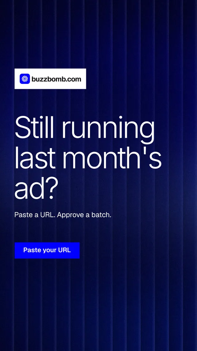 Instagram story for BuzzBomb: "Still running last month's ad?" Swiss style, announce layout, dark palette in blue, black.