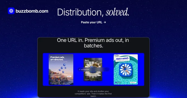 Social ad for BuzzBomb: "Distribution, solved." Swiss style, ogui layout, dark palette in blue.