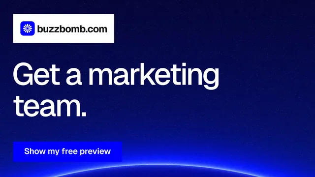 Landscape graphic for BuzzBomb: "Get a marketing team." Swiss style, announce layout, dark palette in blue.