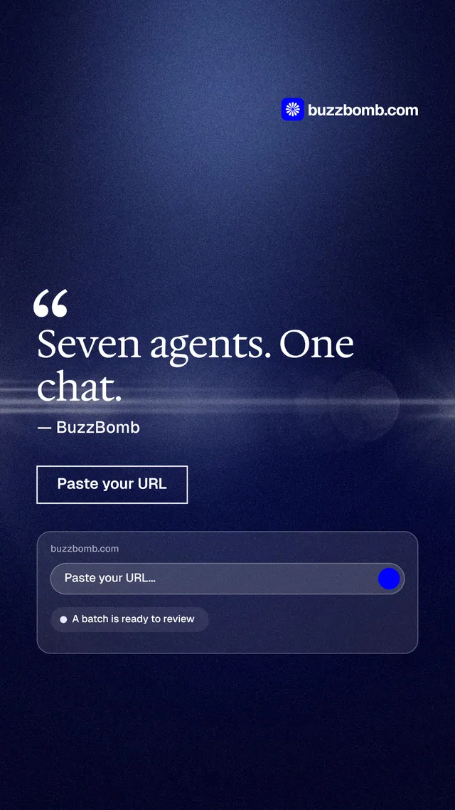 Instagram story for BuzzBomb: "Seven agents. One chat." Dark deco style, quote layout, dark palette in black, blue.