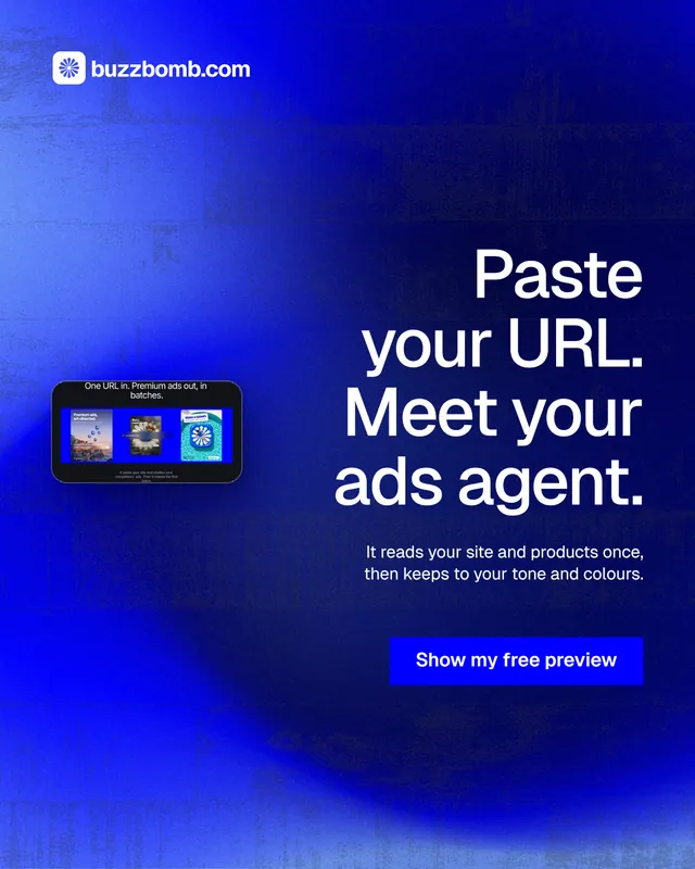 Instagram portrait post for BuzzBomb: "Paste your URL. Meet your ads agent." Swiss style, right layout, dark palette in blue.