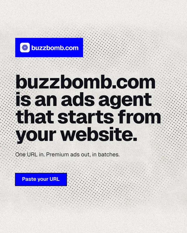 Instagram portrait post for BuzzBomb: "buzzbomb.com is an ads agent that starts from your website." Ink sticker style, announce layout, light palette in white, grey.