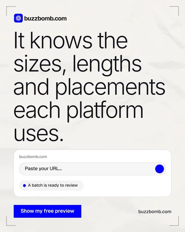 Instagram portrait post for BuzzBomb: "It knows the sizes, lengths and placements each platform uses." Swiss style, poster layout, light palette in white, grey.