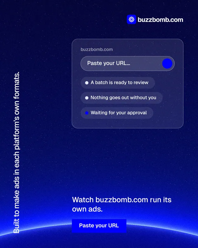 Instagram portrait post for BuzzBomb: "Built to make ads in each platform's own formats." Swiss style, vertical layout, dark palette in blue.