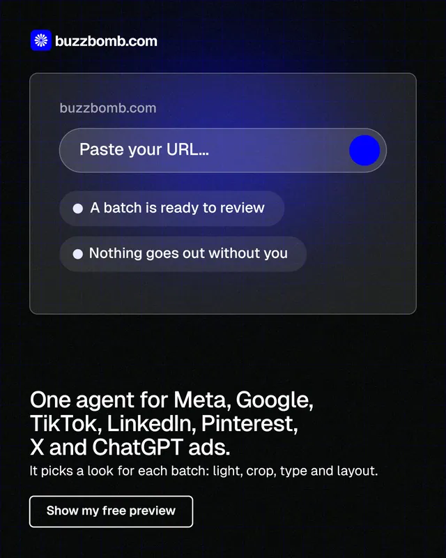 Instagram portrait post for BuzzBomb: "One agent for Meta, Google, TikTok, LinkedIn, Pinterest, X and ChatGPT ads." Phosphor atlas style, bottom layout, dark palette in black, blue.