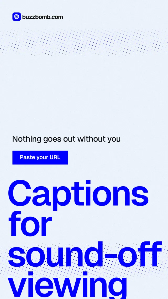 Instagram story for BuzzBomb: "Captions for sound-off viewing". Swiss style, oversized layout, light palette in white, blue.