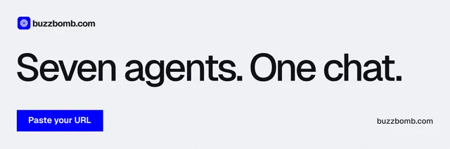 X header for BuzzBomb: "Seven agents. One chat." Swiss style, poster layout, light palette in white, blue.