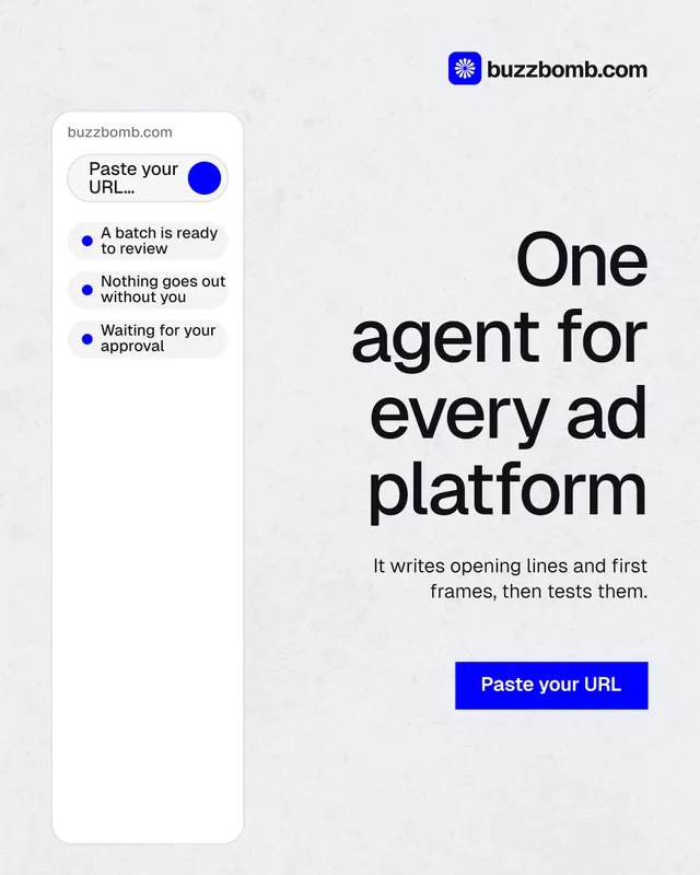 Instagram portrait post for BuzzBomb: "One agent for every ad platform". Swiss style, right layout, light palette in white, blue.