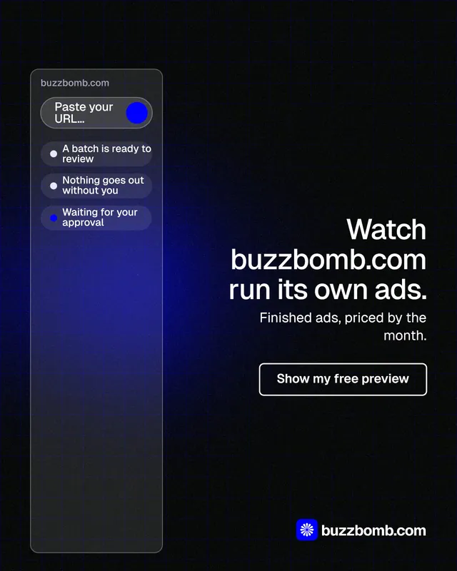 Instagram portrait post for BuzzBomb: "Watch buzzbomb.com run its own ads." Phosphor atlas style, right layout, dark palette in black, blue.