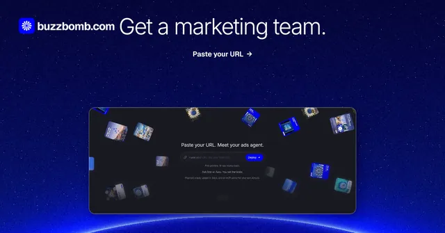 Social ad for BuzzBomb: "Get a marketing team." Swiss style, ogui layout, dark palette in blue, black.