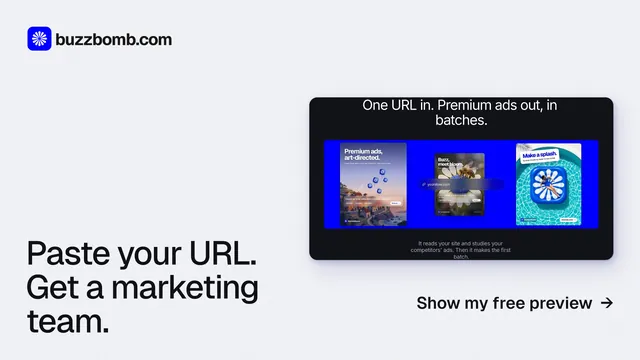 Landscape graphic for BuzzBomb: "Paste your URL. Get a marketing team." Swiss style, image led layout, light palette in white, blue.