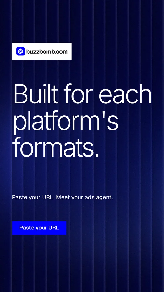 Instagram story for BuzzBomb: "Built for each platform's formats." Swiss style, announce layout, dark palette in black, blue, grey.