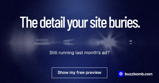 Social ad for BuzzBomb: "The detail your site buries." Dark deco style, centred layout, dark palette in black, blue, grey.