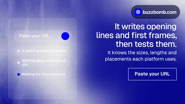 Landscape graphic for BuzzBomb: "It writes opening lines and first frames, then tests them." Cyanotype style, right layout, dark palette in blue, white.