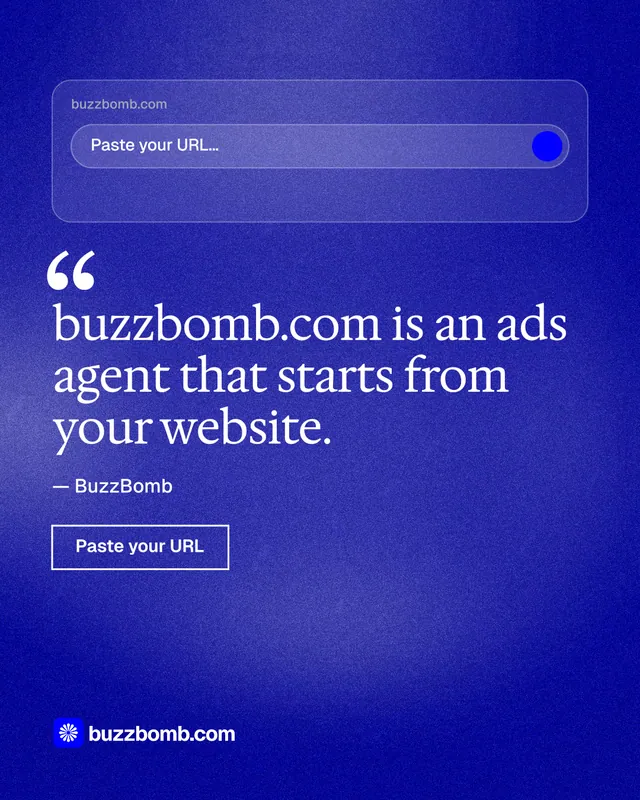 Instagram portrait post for BuzzBomb: "buzzbomb.com is an ads agent that starts from your website." Cyanotype style, quote layout, dark palette in blue.