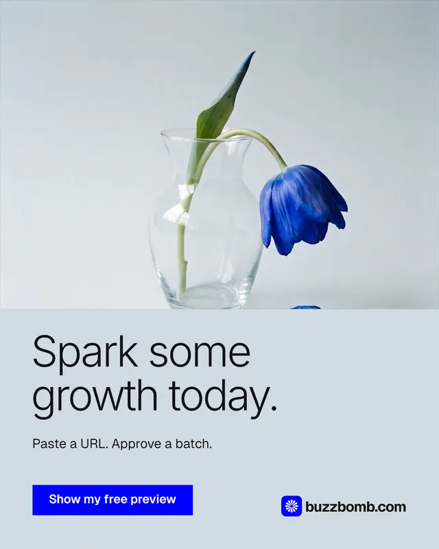 Instagram portrait post for BuzzBomb: "Spark some growth today." Swiss style, bottom layout, light palette in white, blue.
